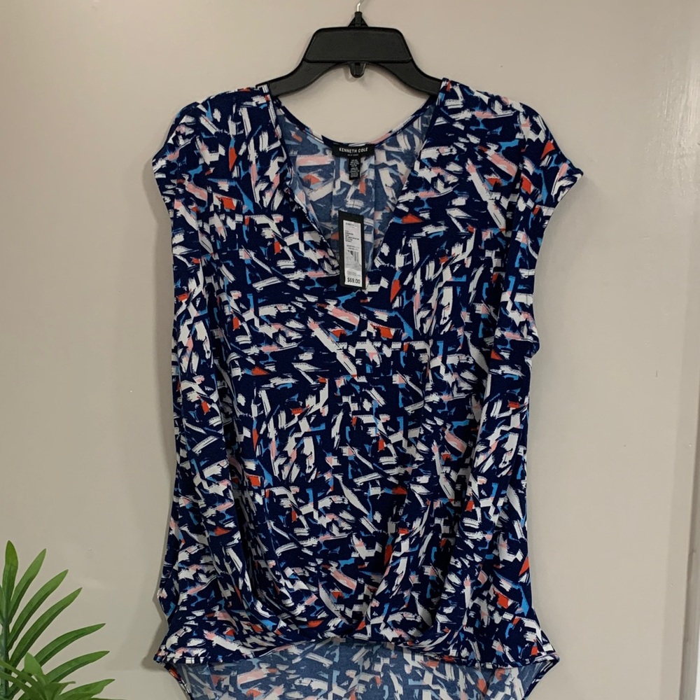 Kenneth Cole Abstract Blue and Red Top
